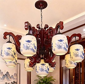 Đèn chùm gỗ chao gốm VQCG182-8H